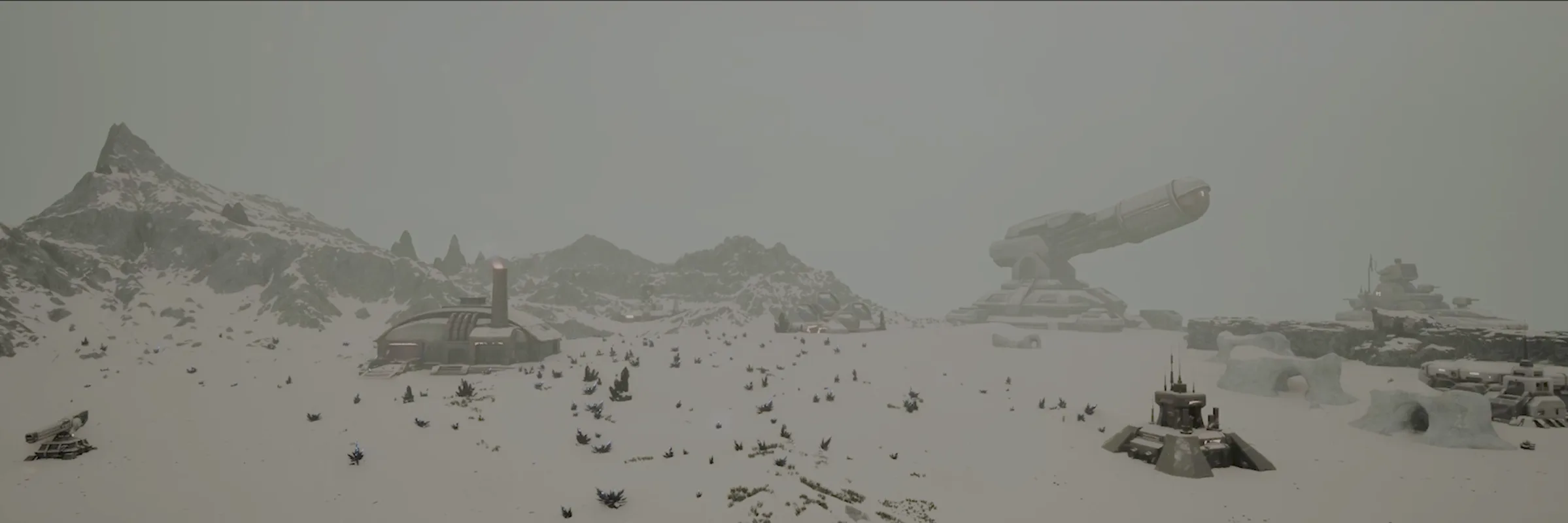 Vista panorámica de un entorno nevado con estructuras de ciencia ficción.