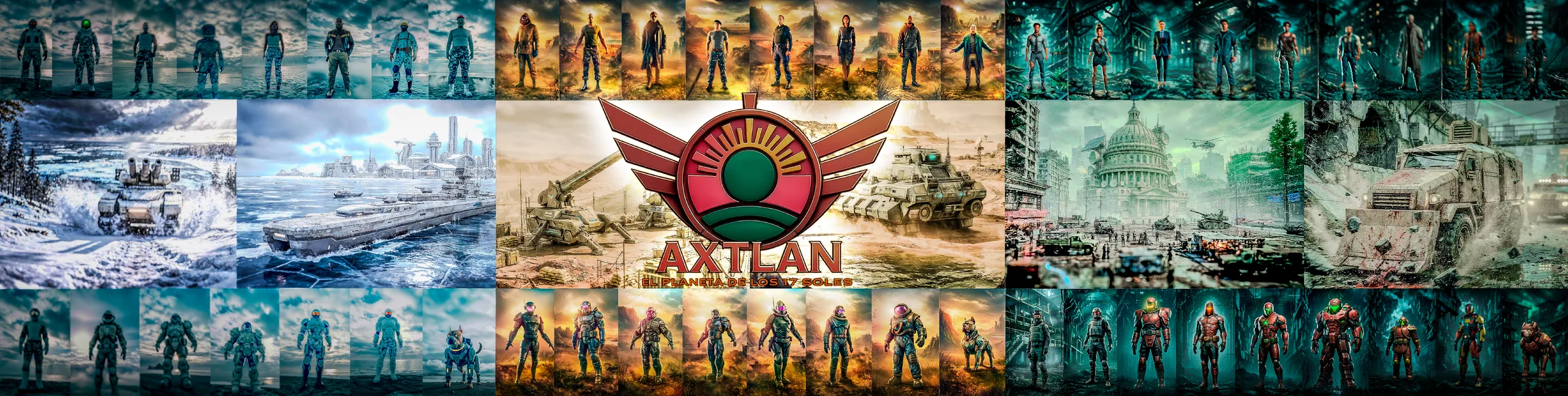 Montaje panorámico de personajes, entornos y vehículos de Axtlan alrededor de su emblema.