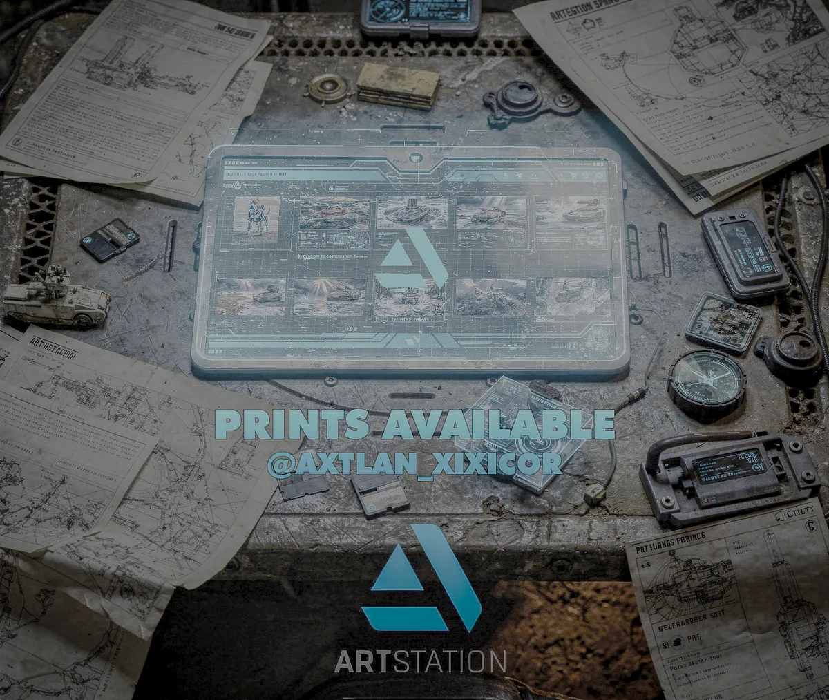 Composición promocional de impresiones de Axtlan disponibles mediante el perfil Axtlan Xixicor en ArtStation.