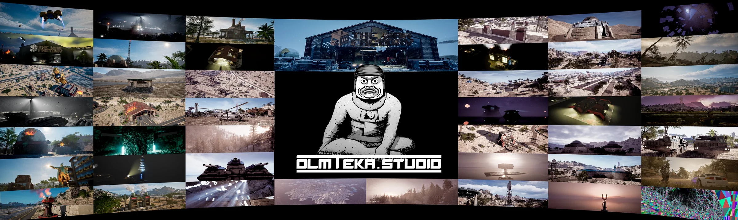 Mosaico panorámico de escenas, entornos, modelos y trabajos visuales de Olmteka Studio