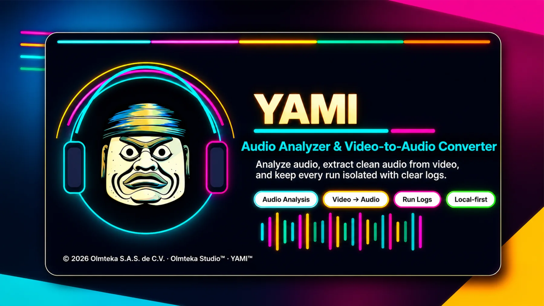 Pantalla promocional de YAMI con su identidad visual y las funciones de análisis de audio, extracción desde video, registro de ejecuciones y trabajo local